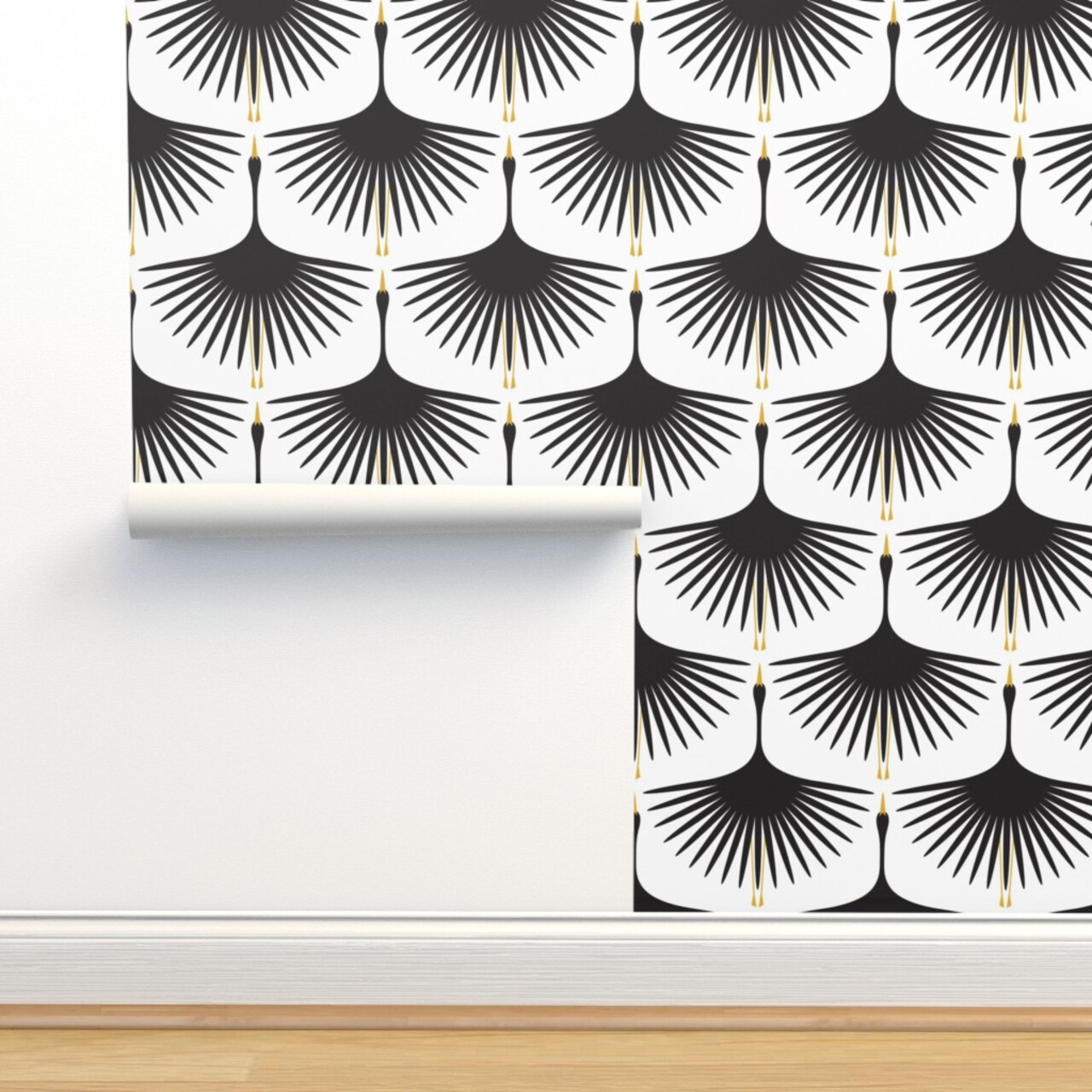 Monochrome Swans Small Scale Art Deco Cranes Black And White Mid Century Modern Custom Removable Wallpaper by Spoonflower Peel & Stick Wallpaper 2FT Wide